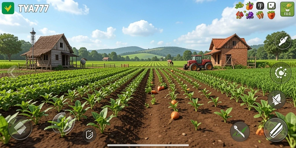 Tampilan gameplay TYA777 yang menampilkan ladang pertanian yang berwarna-warni dan interaktif.